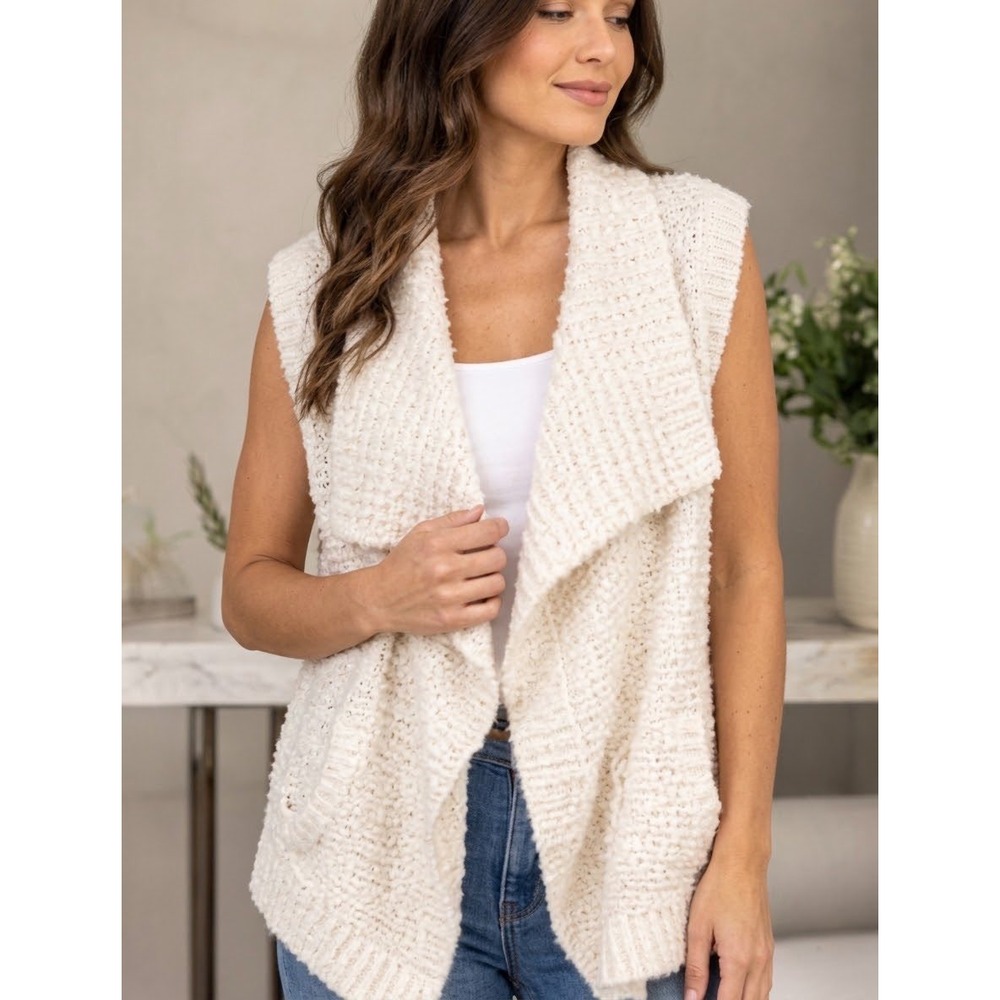 Style & Co Ivory Eyelash Knit Open Front Draped Shawl Collar Vest‎ Medium